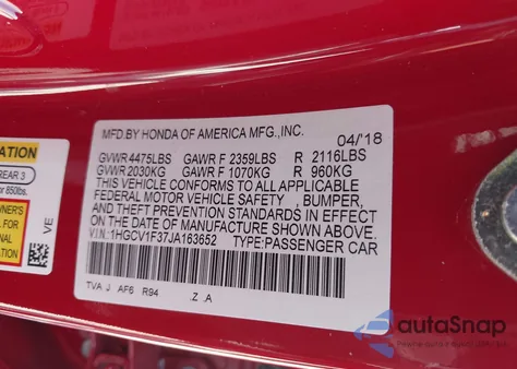 2018 Honda Accord Sport из США, поврежденный, VIN 1HGCV1F37JA163652